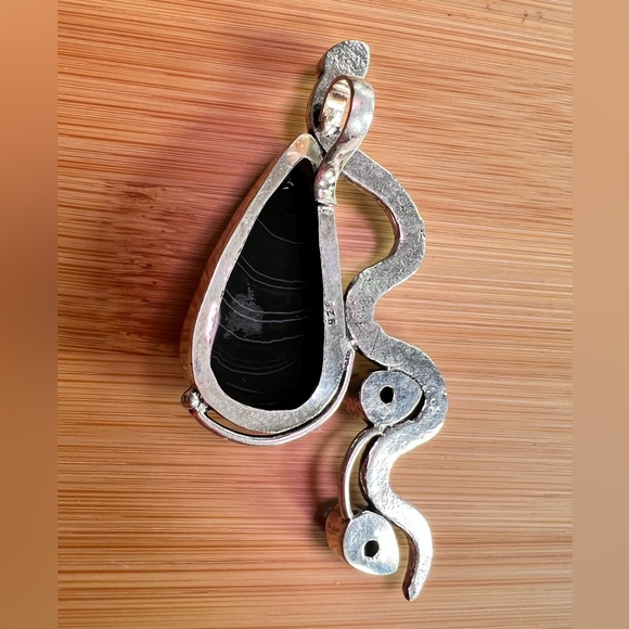 Banded Black Agate Silver Snake Pendant - Picture 5 of 7